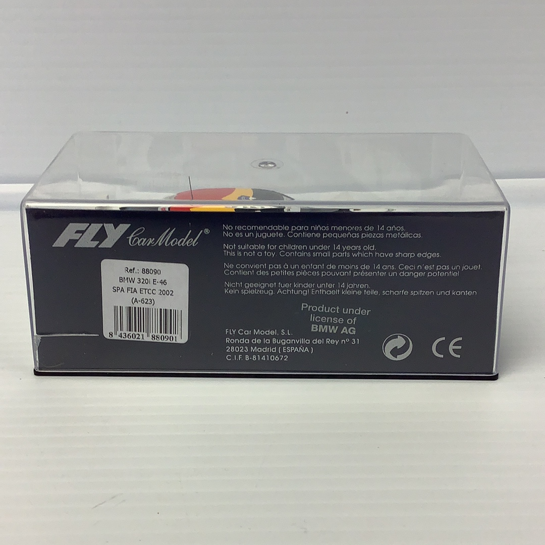 Model car box for BMW 320I E-46, showing safety warnings and product details for Fly Car 88090