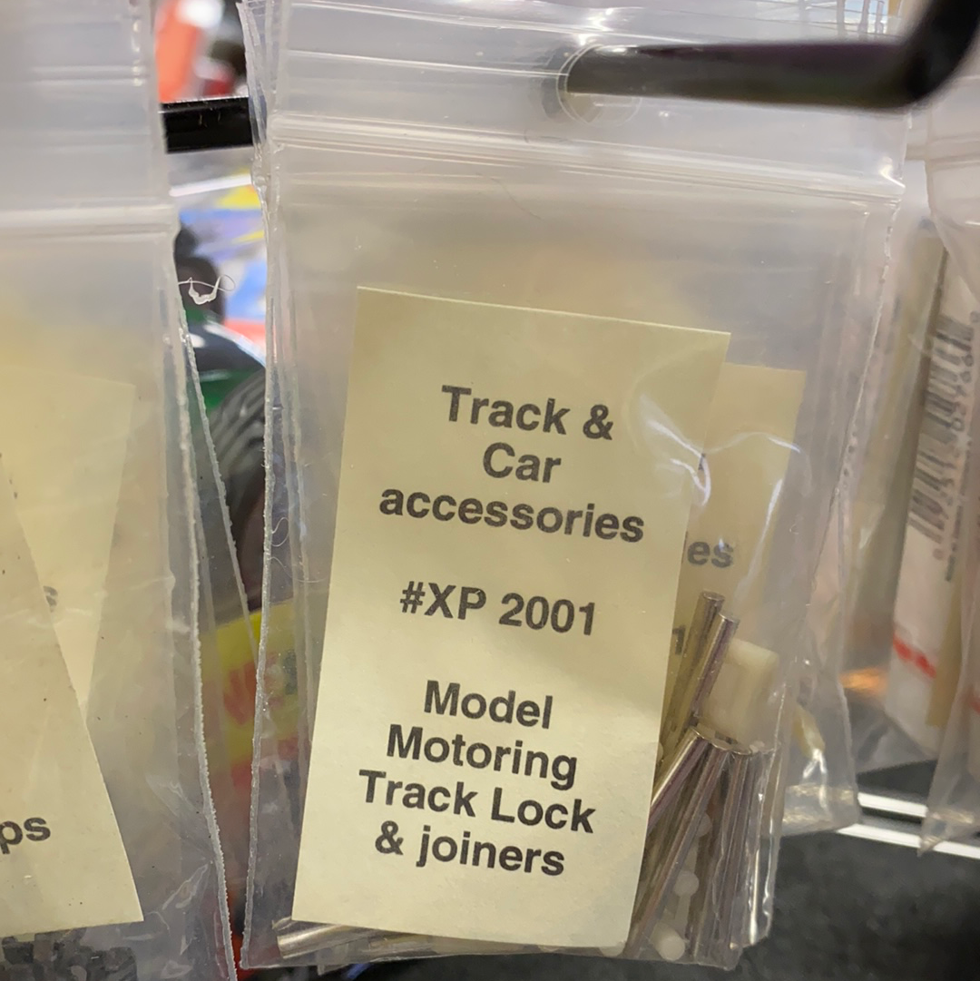 Labels for model car track accessories: Track and Car, #XP 2001, Model Motoring Track Lock and joiners