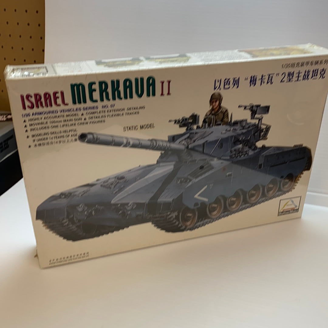Model kit box art showing a detailed 1/35 scale Israel Merkava II tank for IMEX 80103