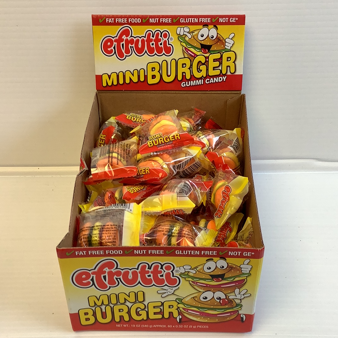 Box of gummy mini burgers, snack candy for Nassau Candy 7358