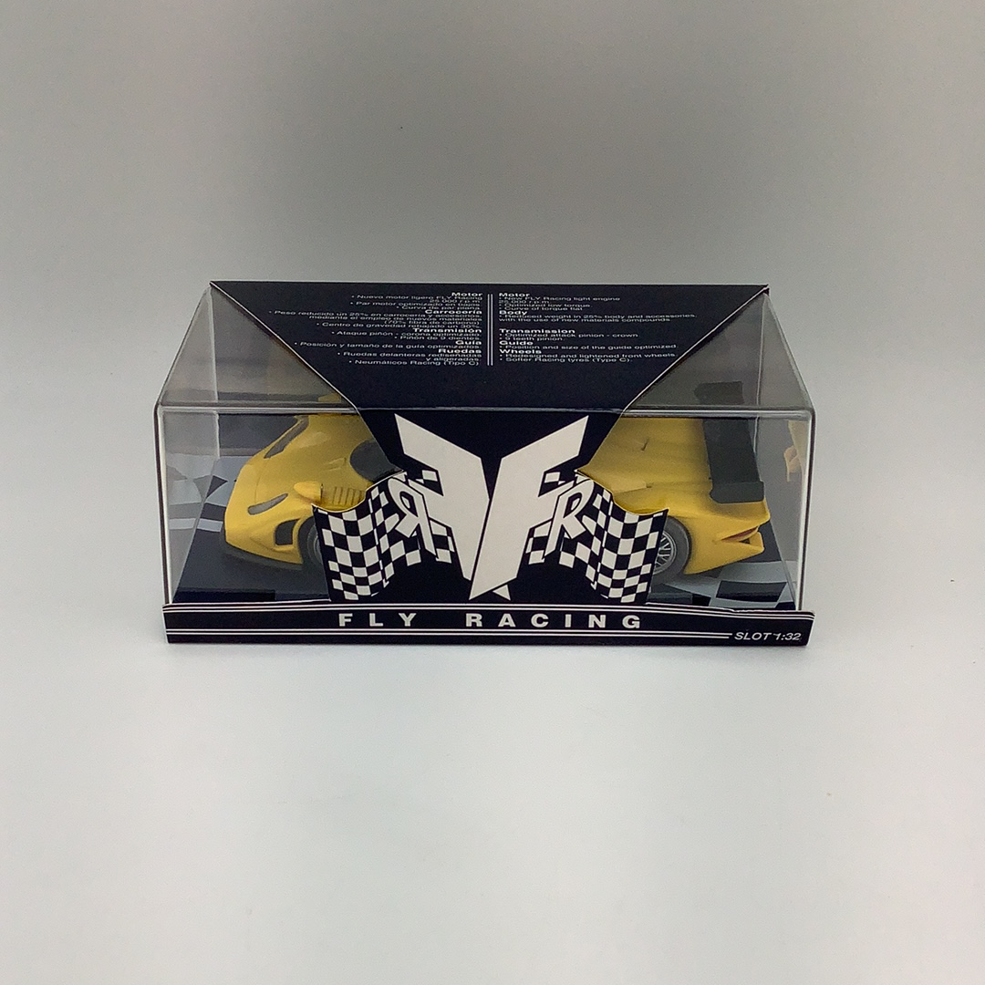 Yellow Porsche 911 GT1 race car model in a clear box for Fly Car RG 0a