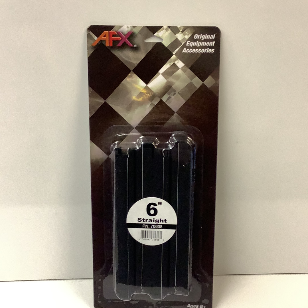 Black track pieces in a clear plastic case, labeled 6" Straight for AFX RaceMaster 70608