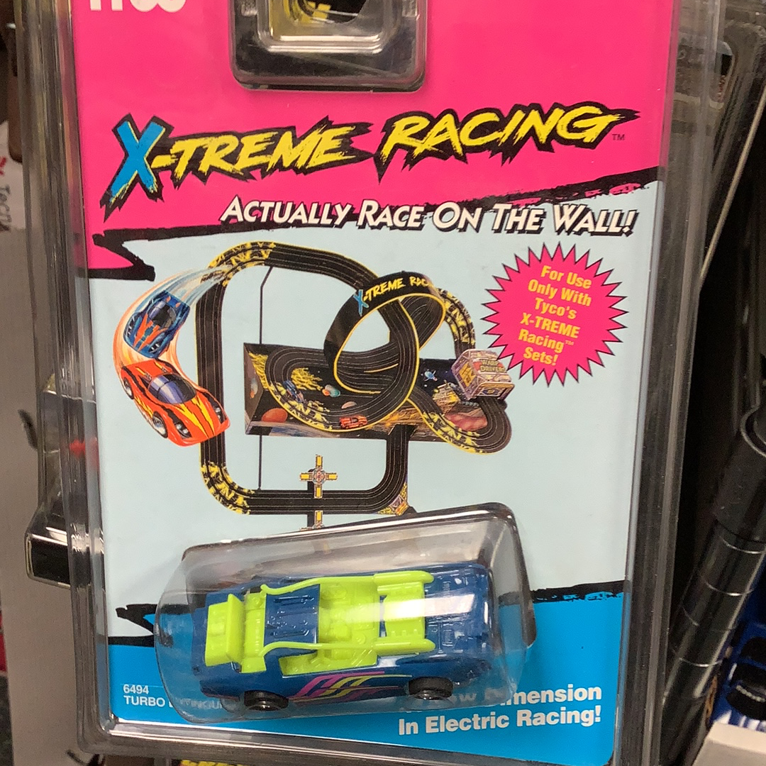 Toy car set packaging showing a blue and yellow race car for Tyco 6494 Turbo Extinguisher
