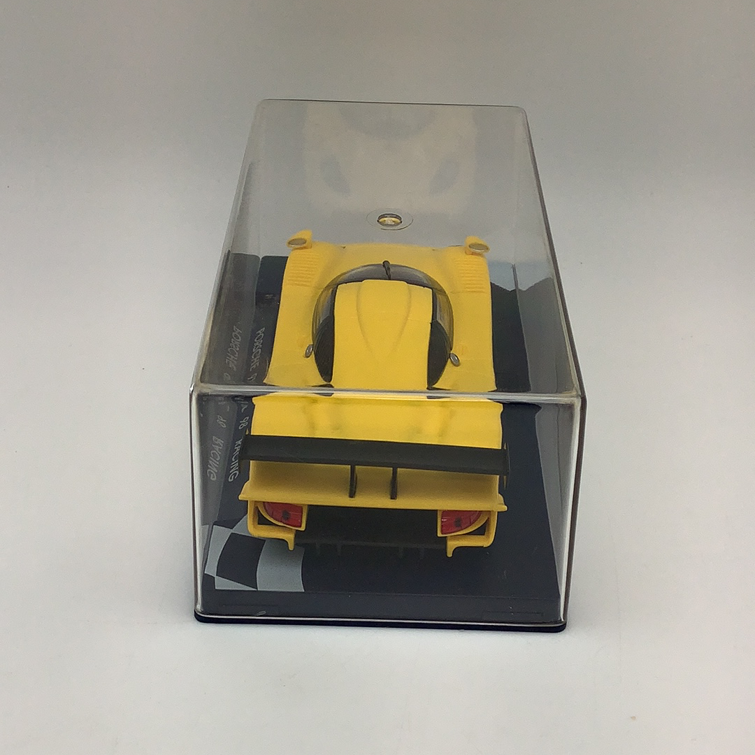 Yellow Porsche 911 GT1 98 racing model in clear display case for Fly Car RG 0a