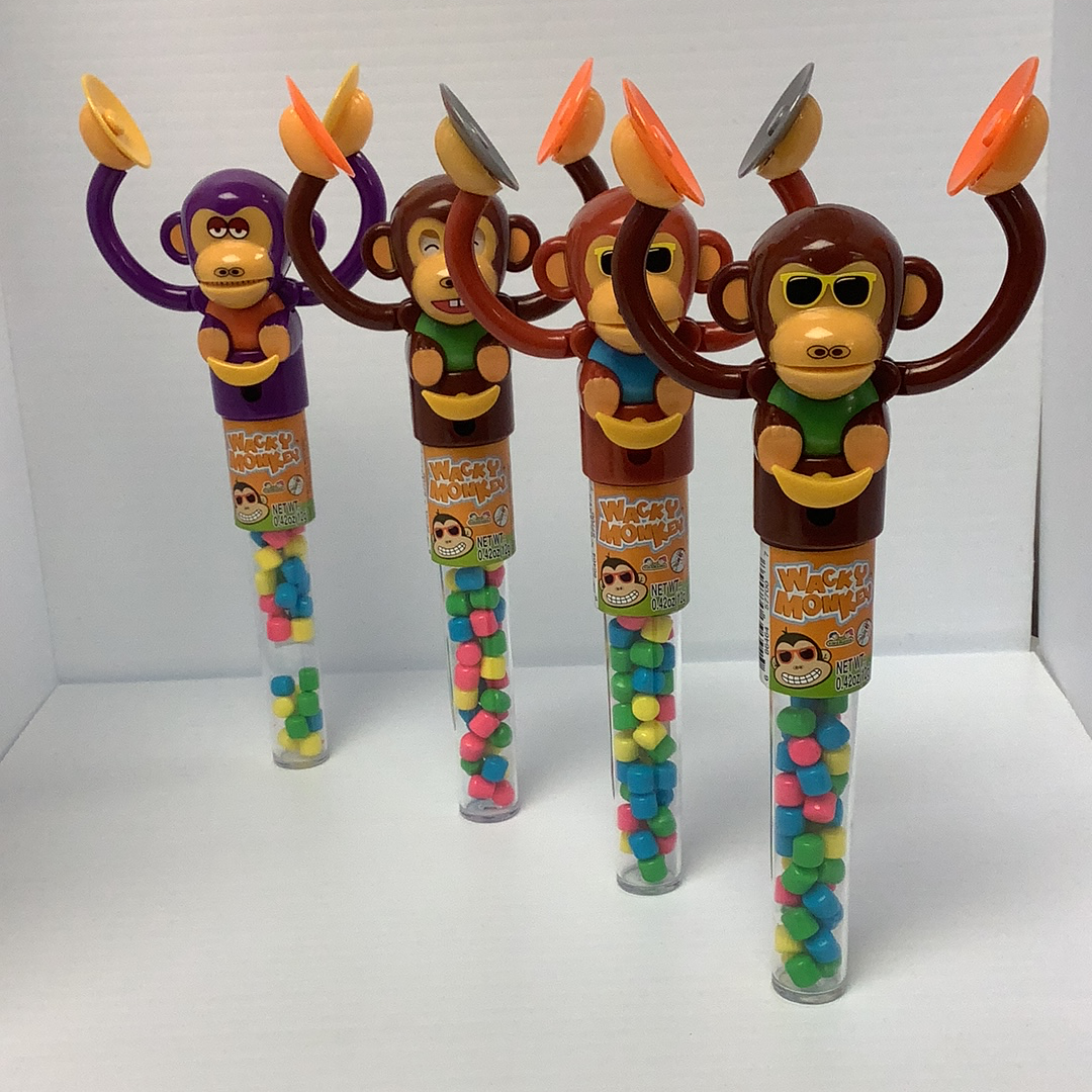 Four candy-filled monkey novelty sticks with colorful gummy candies for Nassau Candy 31966