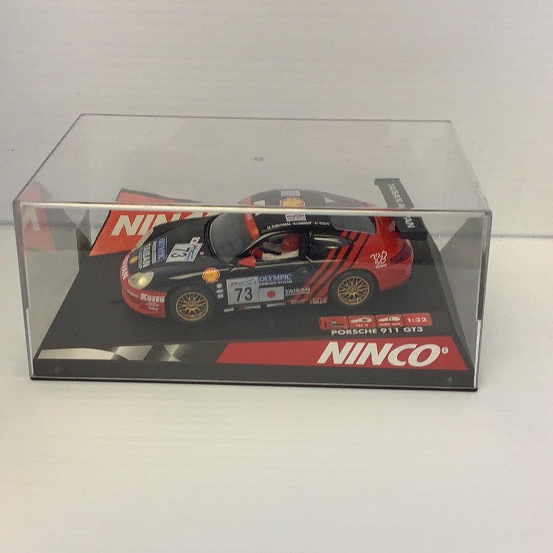 Slot car of a Porsche 911 GT3 R race car in a clear box for Ninco 50241