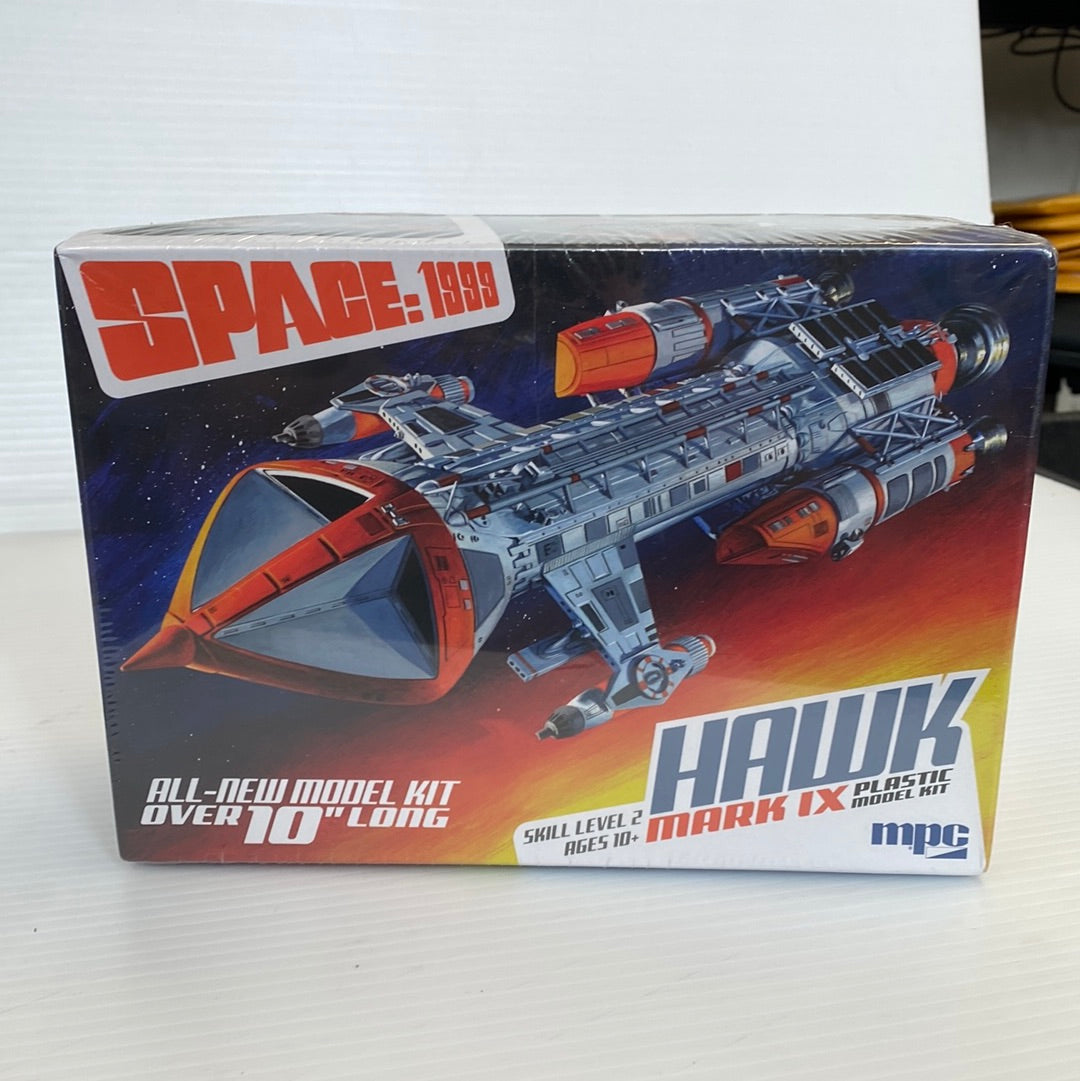 Space: 1999 Hawk Mark IX model kit box art showing the spacecraft for MPC Model Kit MPC881, package view, product view 1