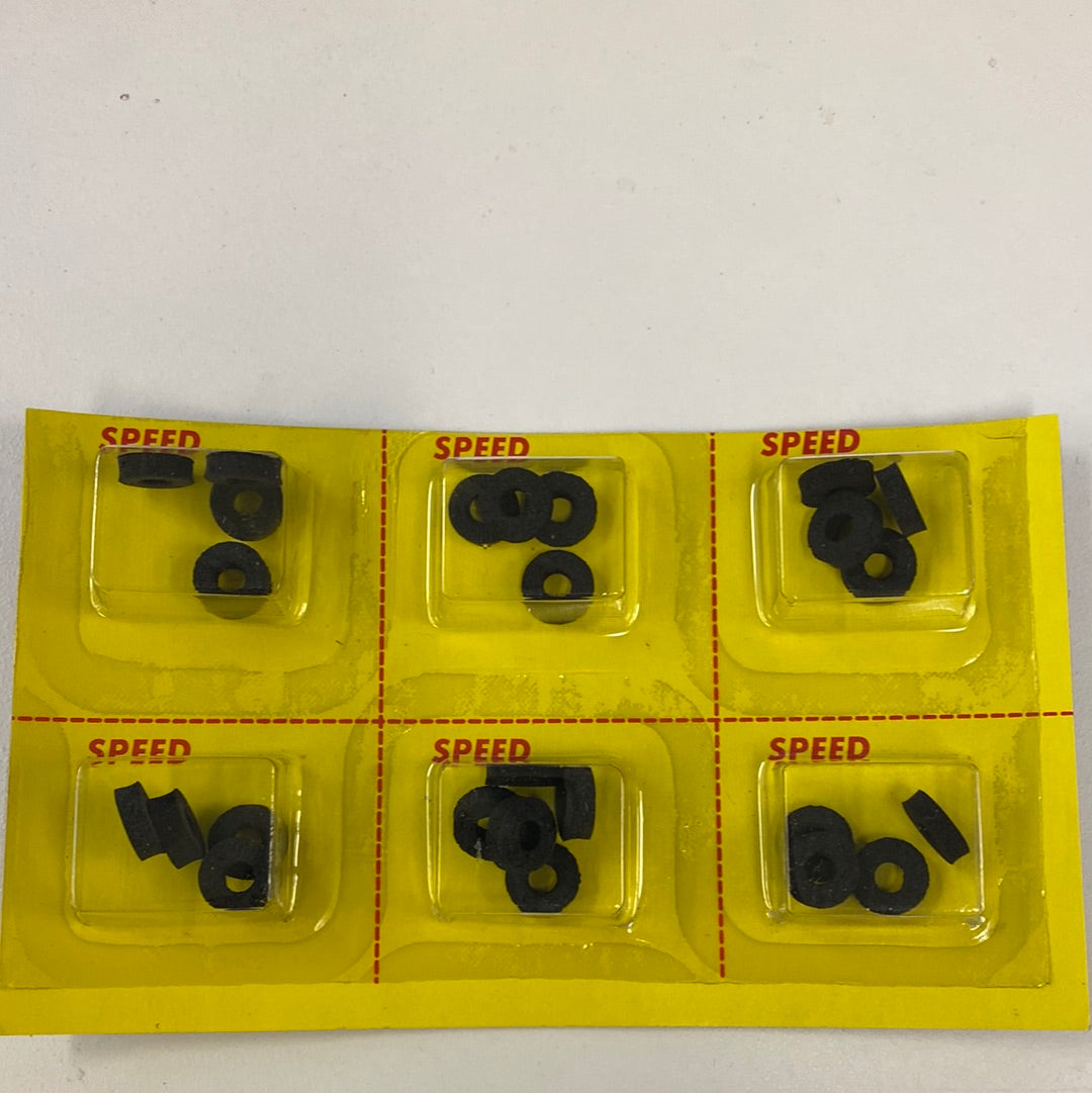 Set of black replacement tires for toy vehicles, organized in a yellow plastic tray for American Line 333