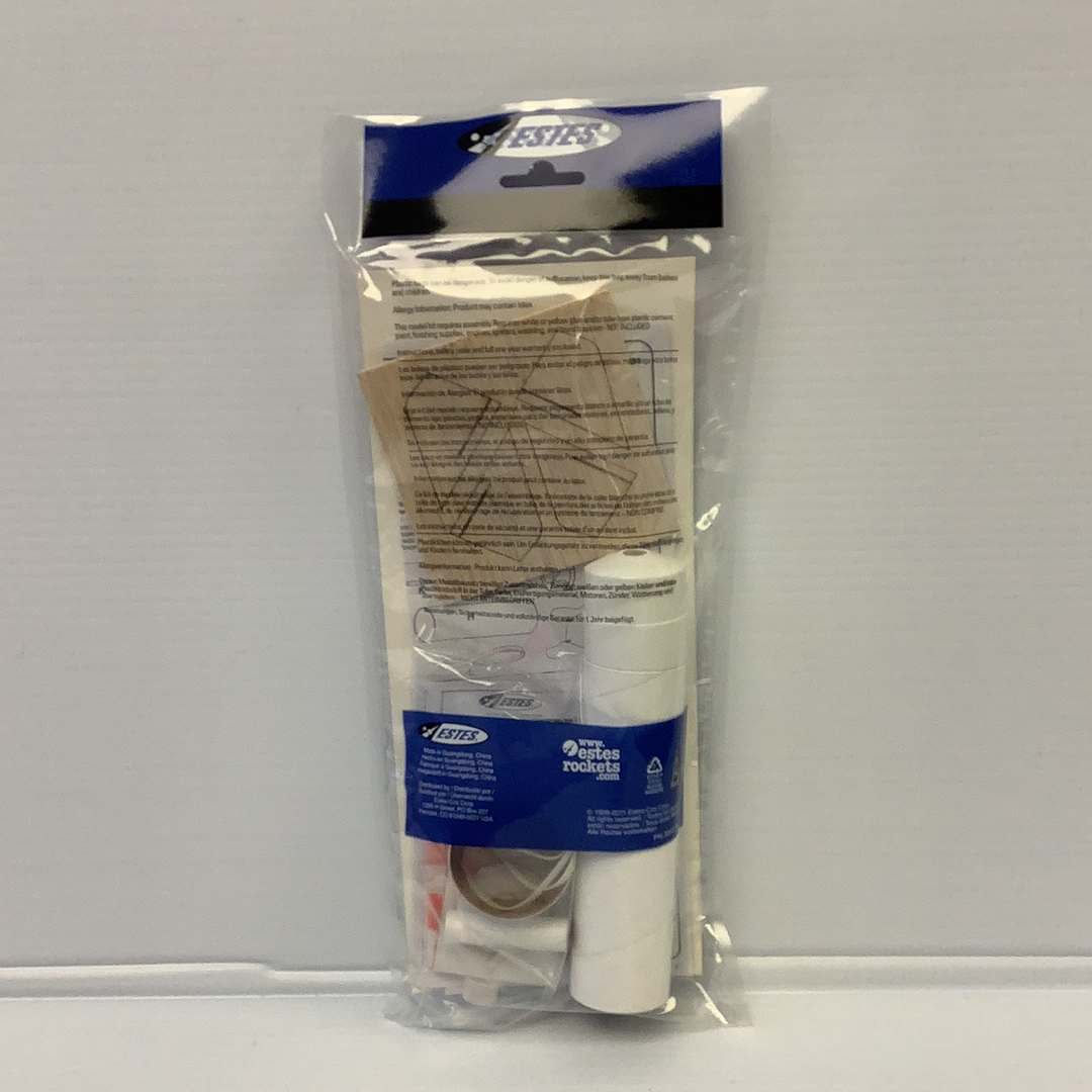 Rocket model kit in clear plastic packaging with instructions for Estes 3231