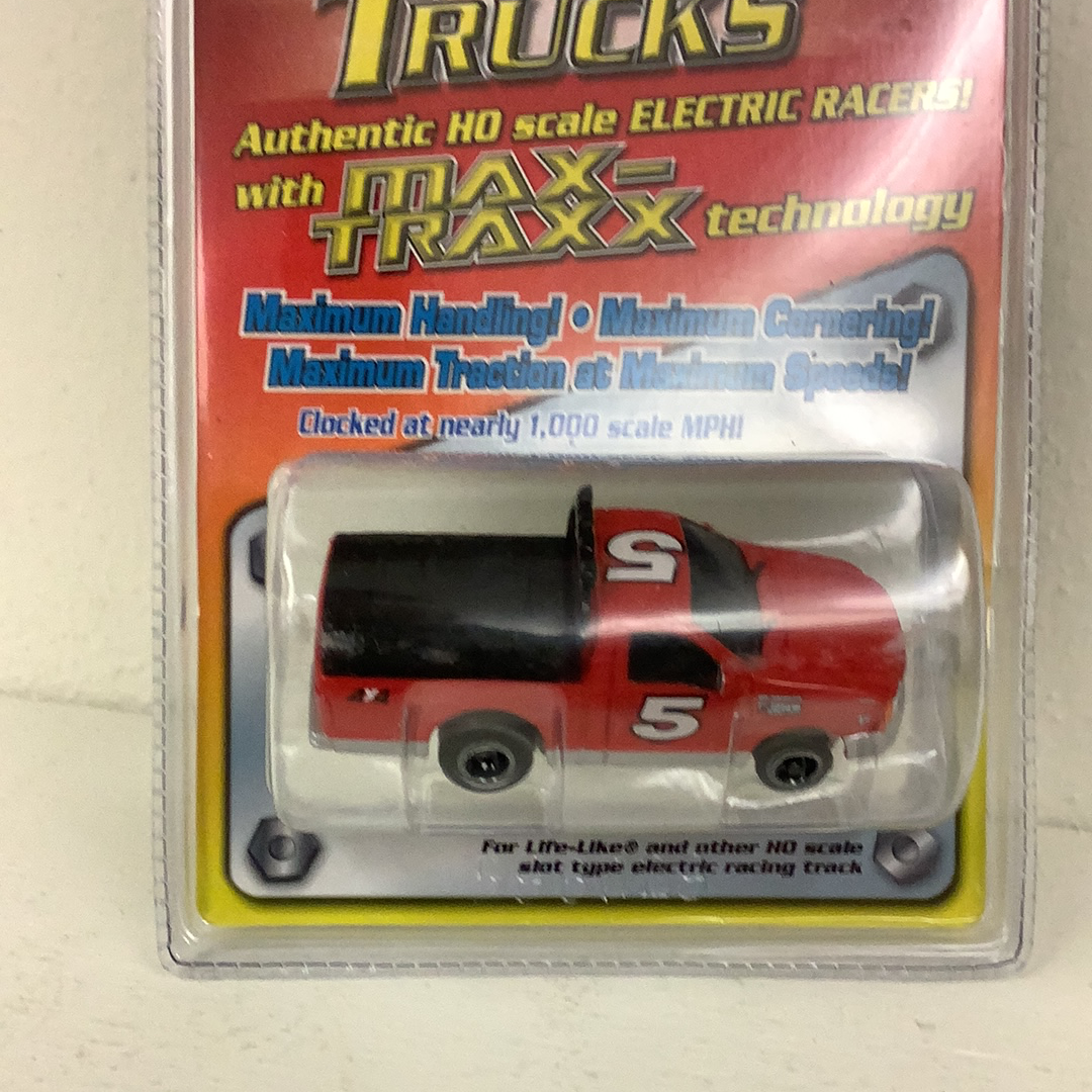 Red and black HO scale electric race truck with number 5 for Life-Like Racing Fast Trackers 9794