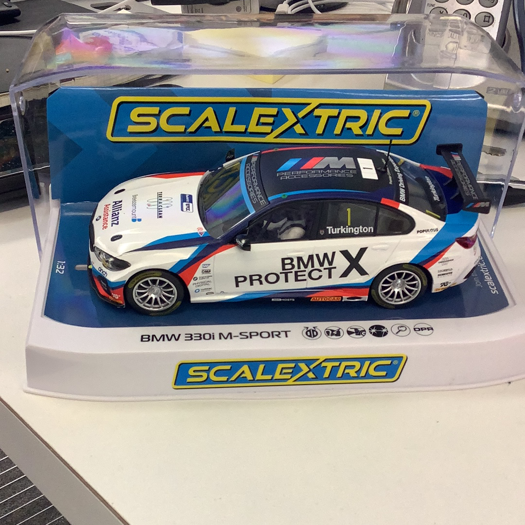 Blue and white BMW 330i M-Sport slot car model for Scalextric 1/32 Slot Cars C4188T
