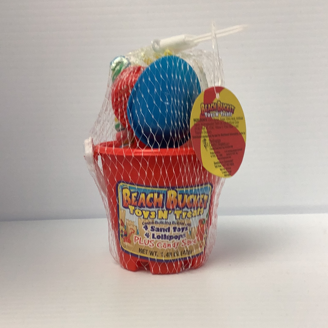 Red bucket filled with colorful beach toys and candy treats for Nassau Candy 22149