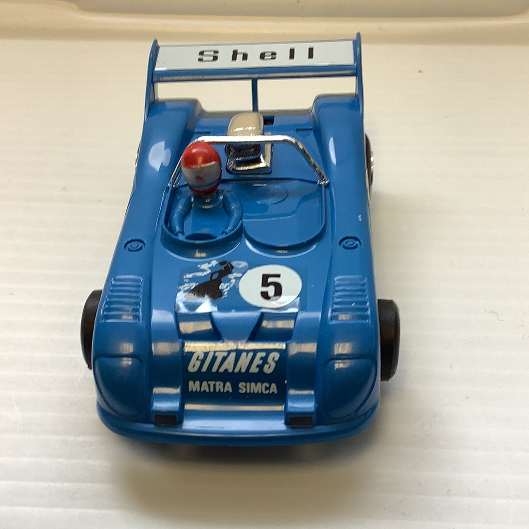 Blue slot car, Shell sponsorship, number 5 visible for Polistil Evolution A.105