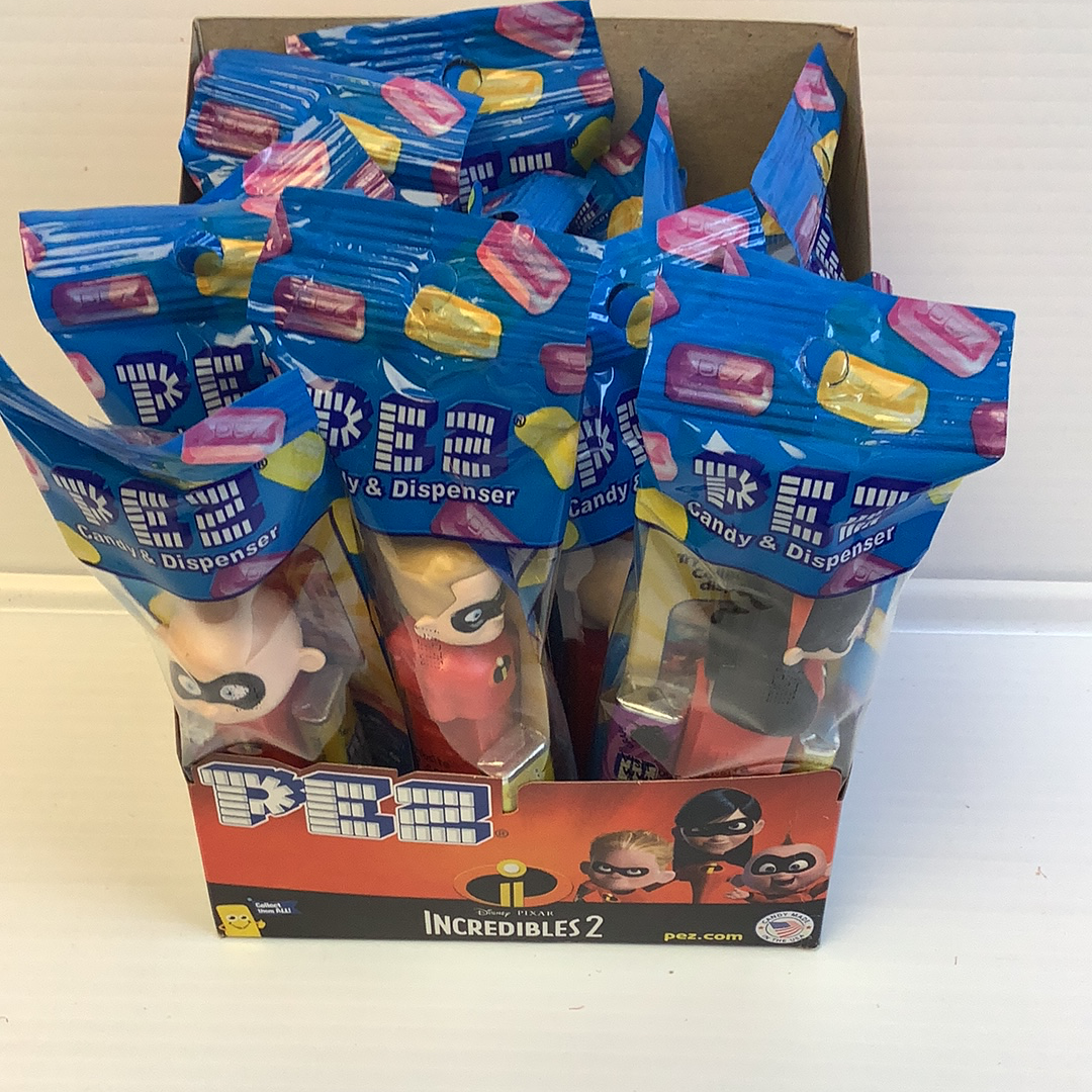 Assortment of blue and red Pez dispensers featuring characters from Incredibles 2 for Nassau Candy 39016