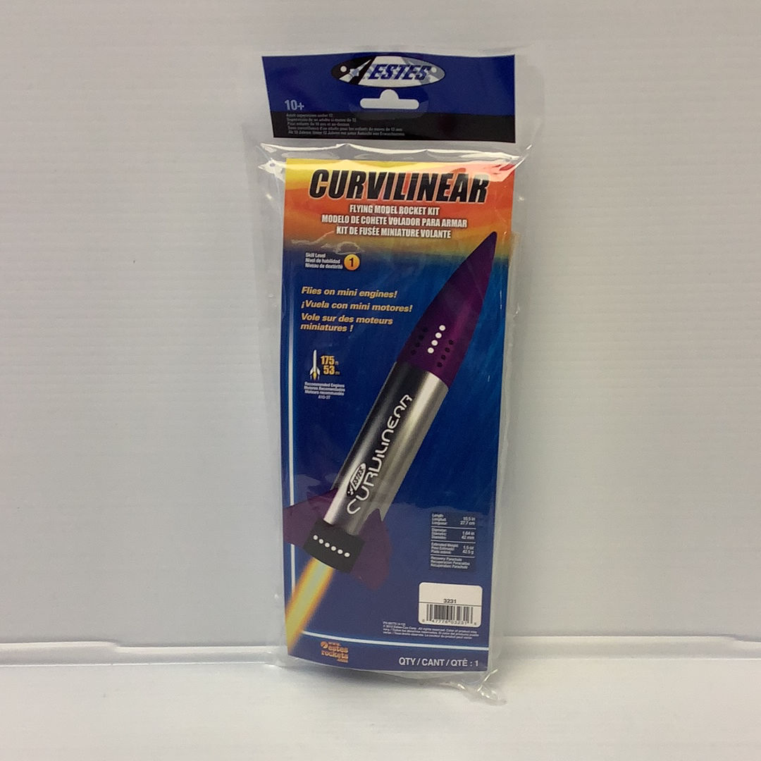 Rocket model kit packaging featuring a blue and yellow rocket design for Estes 3231