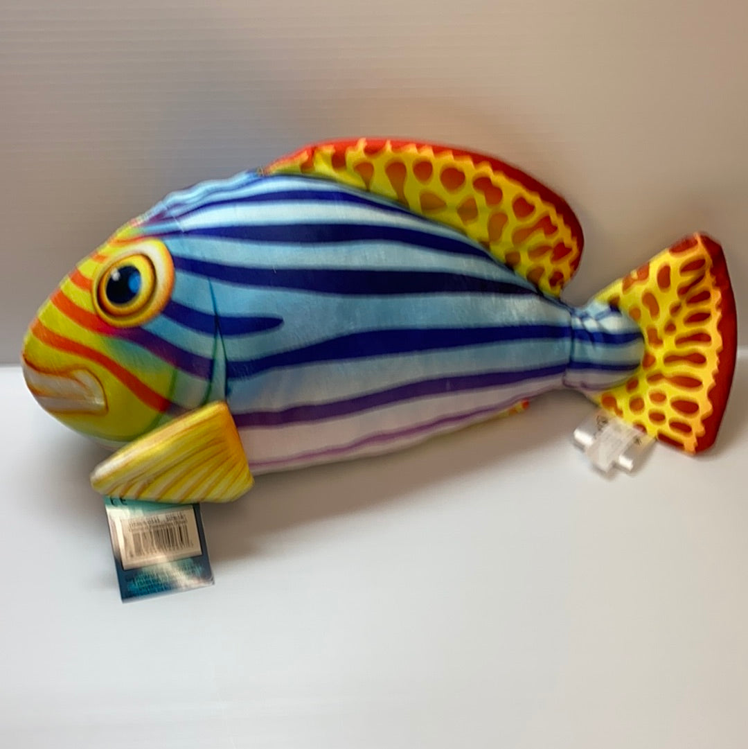 Blue and yellow striped stuffed fish toy with embroidered details for Real Planet R-OS45