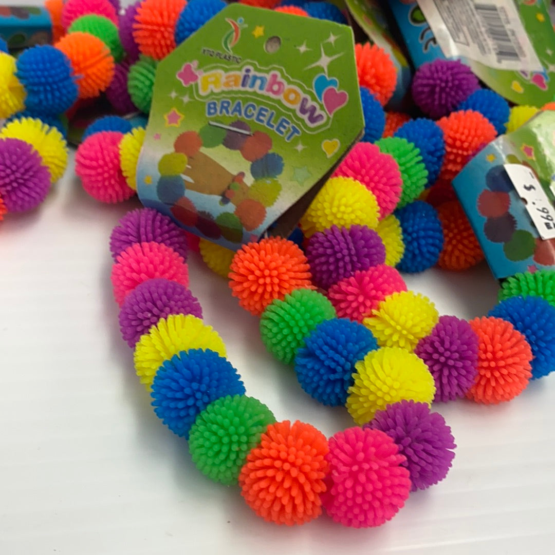 Colorful pompom bracelet with rainbow colors, ready to wear for BVP 12715