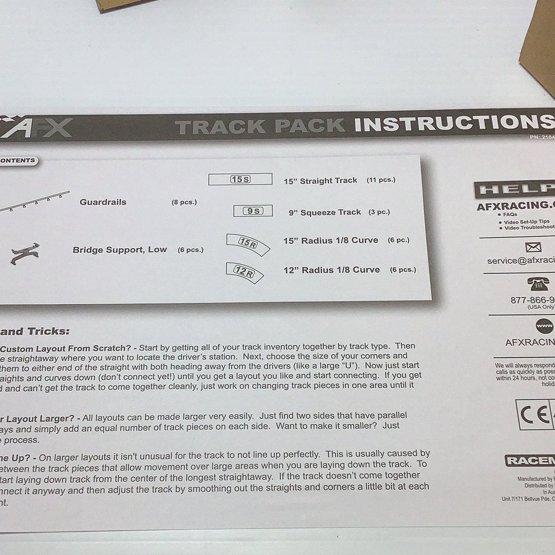 Track layout instructions showing various track pieces and assembly guides for AFX/Racemaster 21045