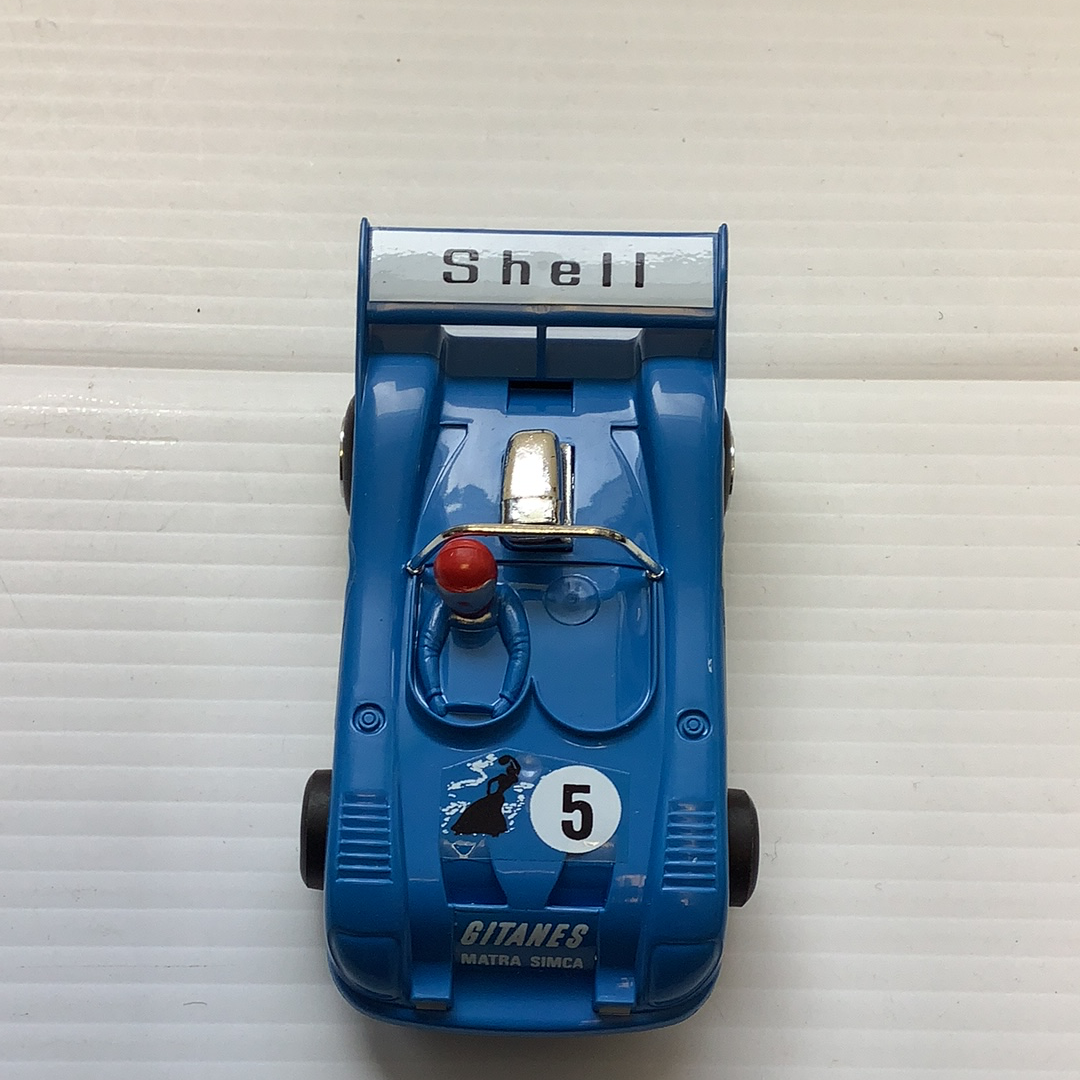 Blue toy car with "Shell" on top, displaying the number 5 for Polistil Evolution A.105