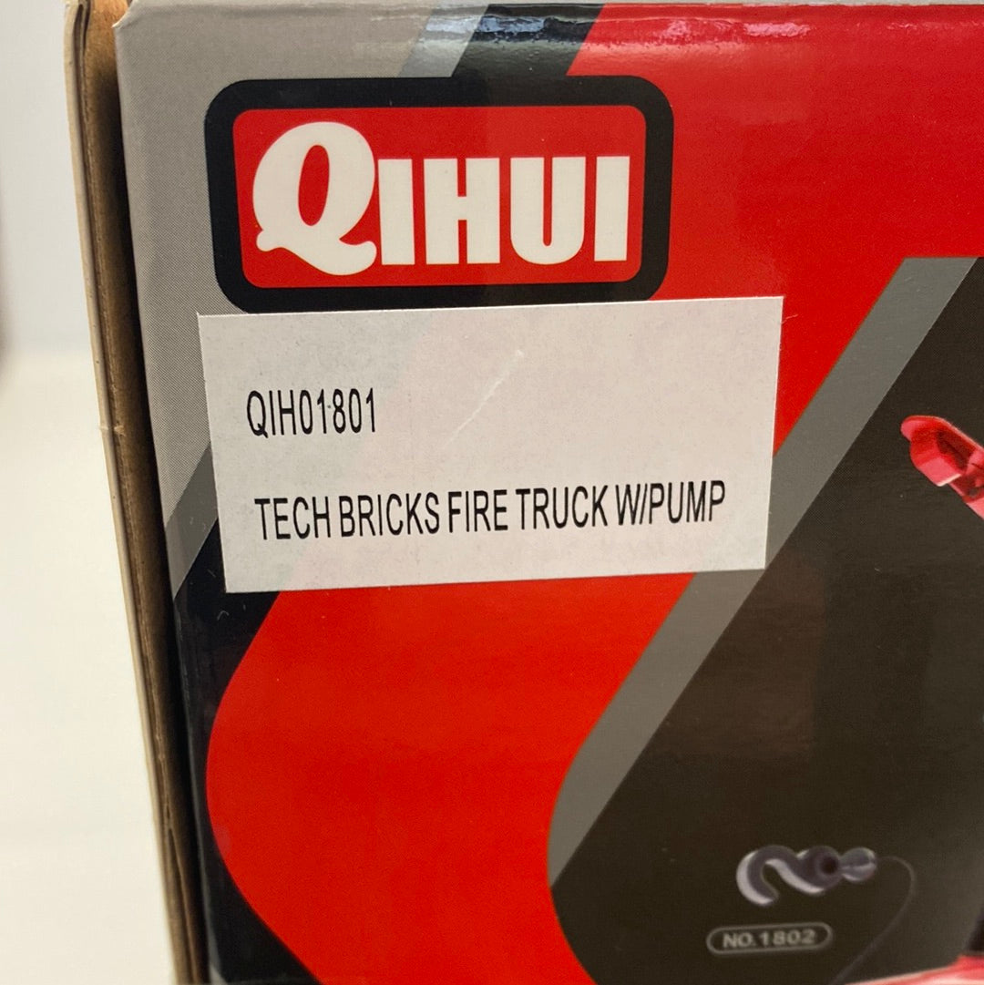Box label showing "QIH01801 TECH BRICKS FIRE TRUCK W/PUMP" for Qihui