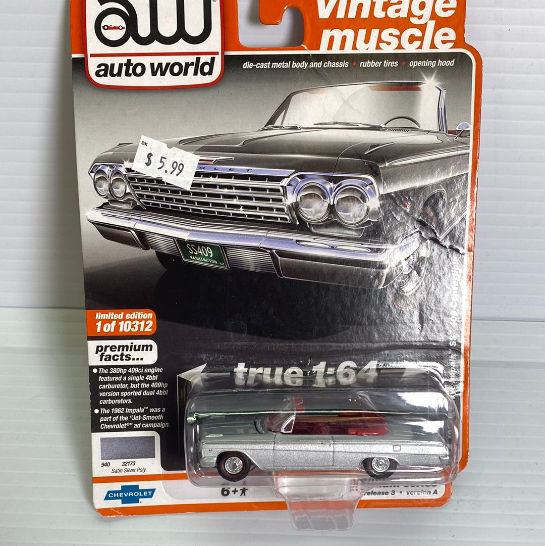 Auto World Vintage Muscle Premium Version A & B | AW64262 | AW Die Cast-Round2 Returns-AW64262-A-3-5 | 1962 Chevy Impla SS 409 Convertible Silver | Auto world Die Cast-ProTinkerToys