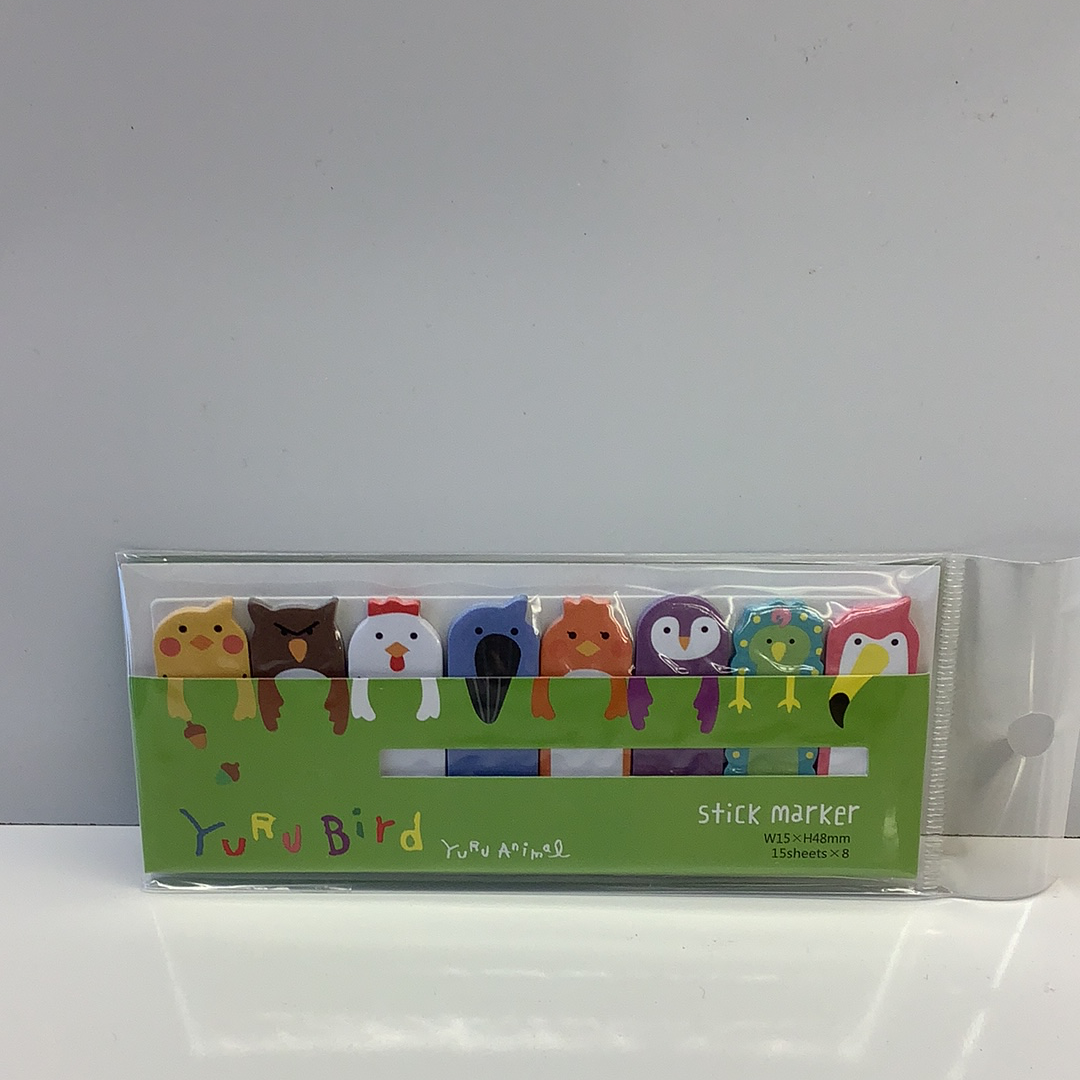 Colorful bird-shaped sticky notes in a clear plastic dispenser for BC USA 365896, front view