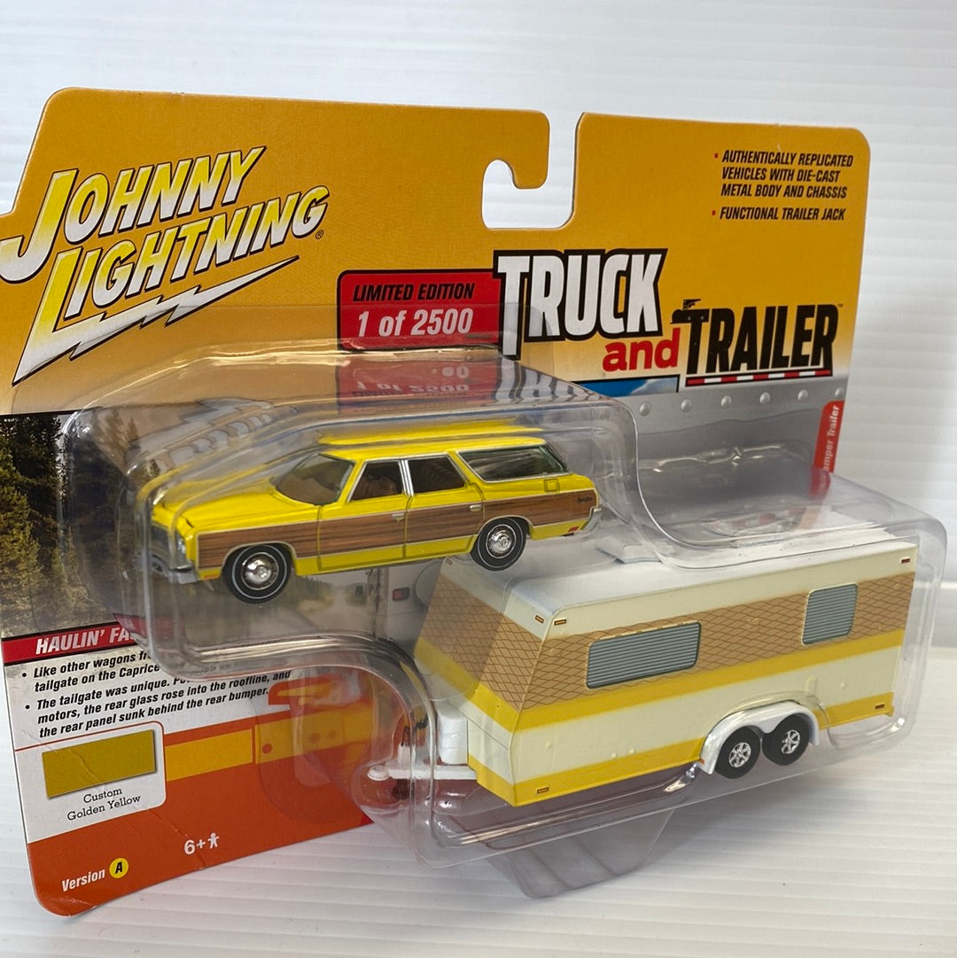 Yellow 1973 Chevy Caprice with attached camper trailer toy set for Johnny Lightning JBLBT013, rear view