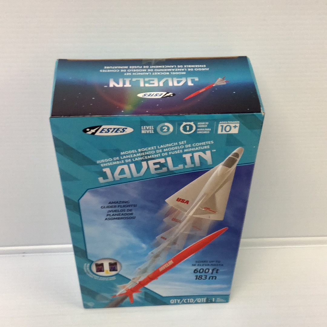 Model rocket launch set box showing a model rocket and launch components for Estes 1436