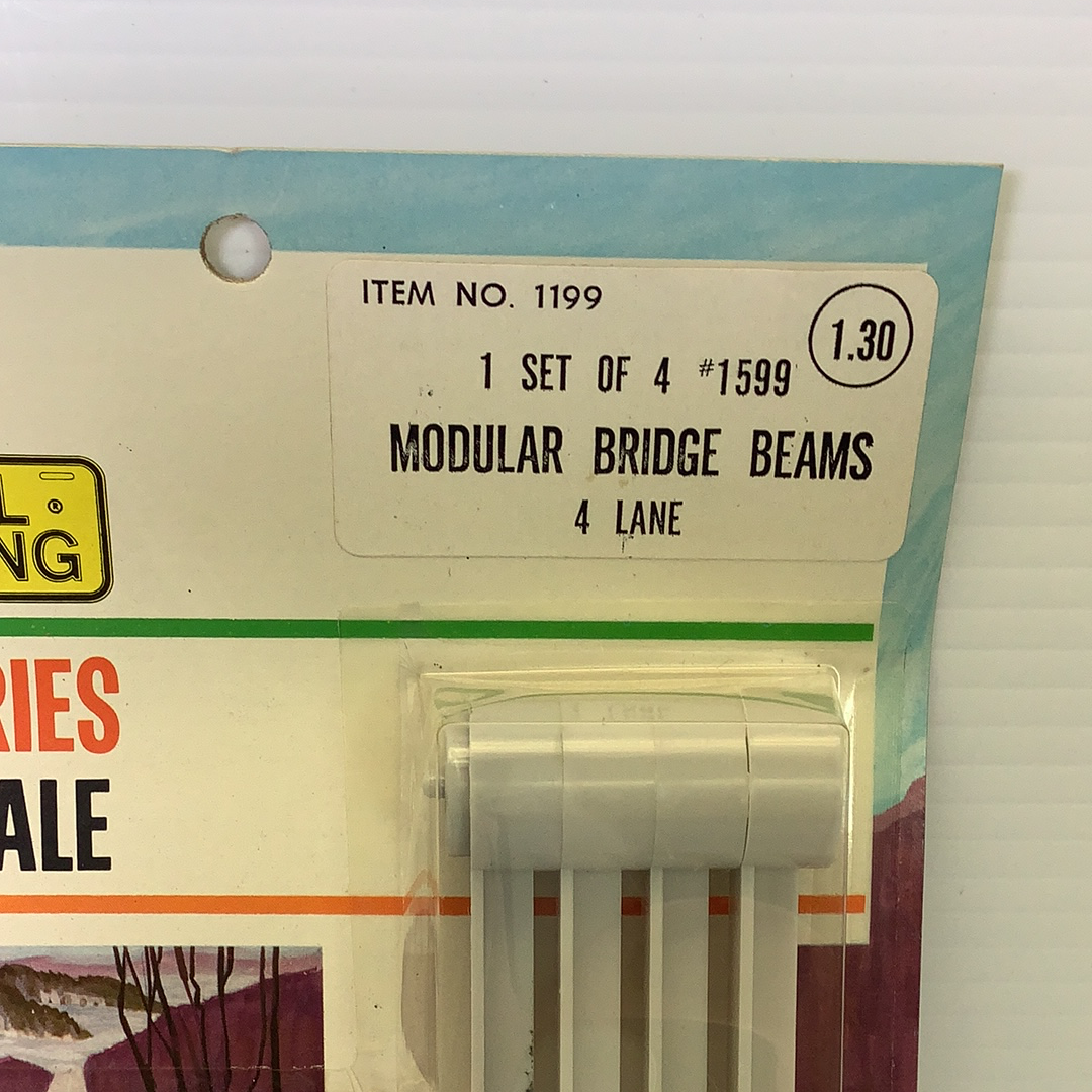 Card showing "Modular Bridge Beams 4 Lane, 1 Set Of 4" for model train parts for Aurora Model Motoring 1599