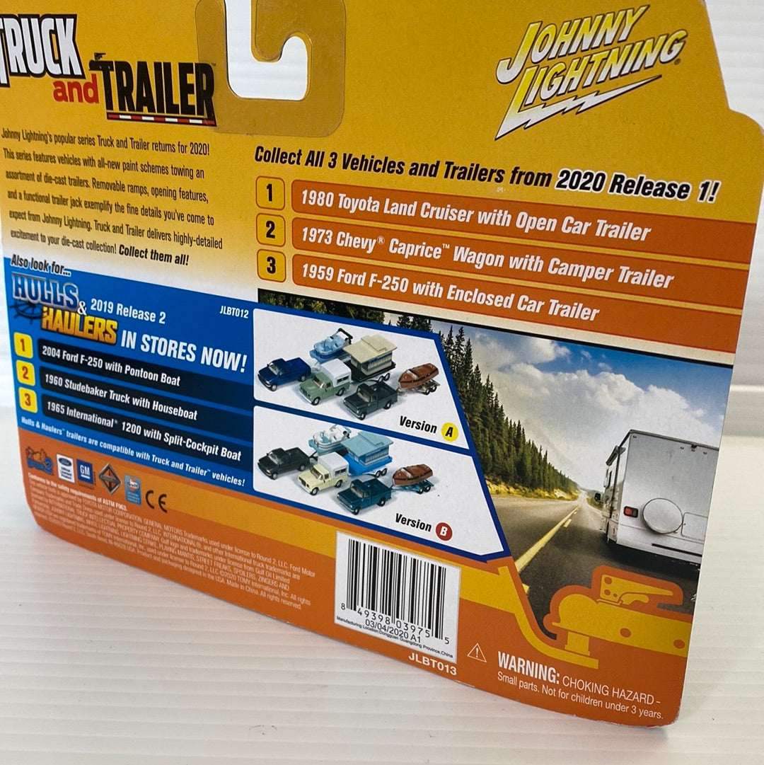 Toy truck and camper trailer set featuring a 1973 Chevy Caprice for Johnny Lightning JBLBT013