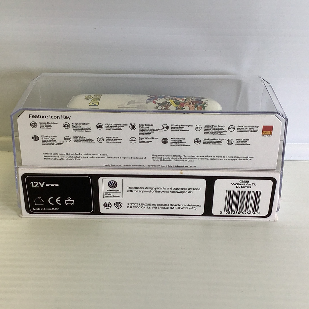 Feature icons detailing model features for a VW Panel Van Tlb DC Comics set for Scalextric C3933