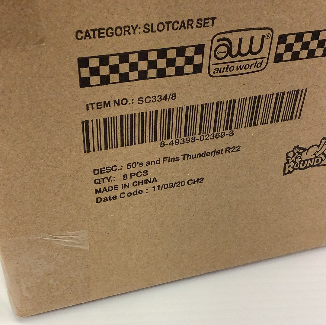 Product box showing "50's and Fins Thunderjet" slot car set details for Auto World SC334