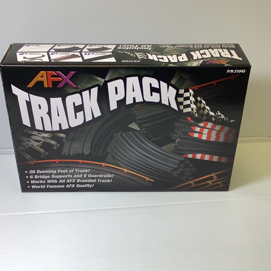Box packaging for a track set, showing track pieces and supports for AFX/Racemaster 21045