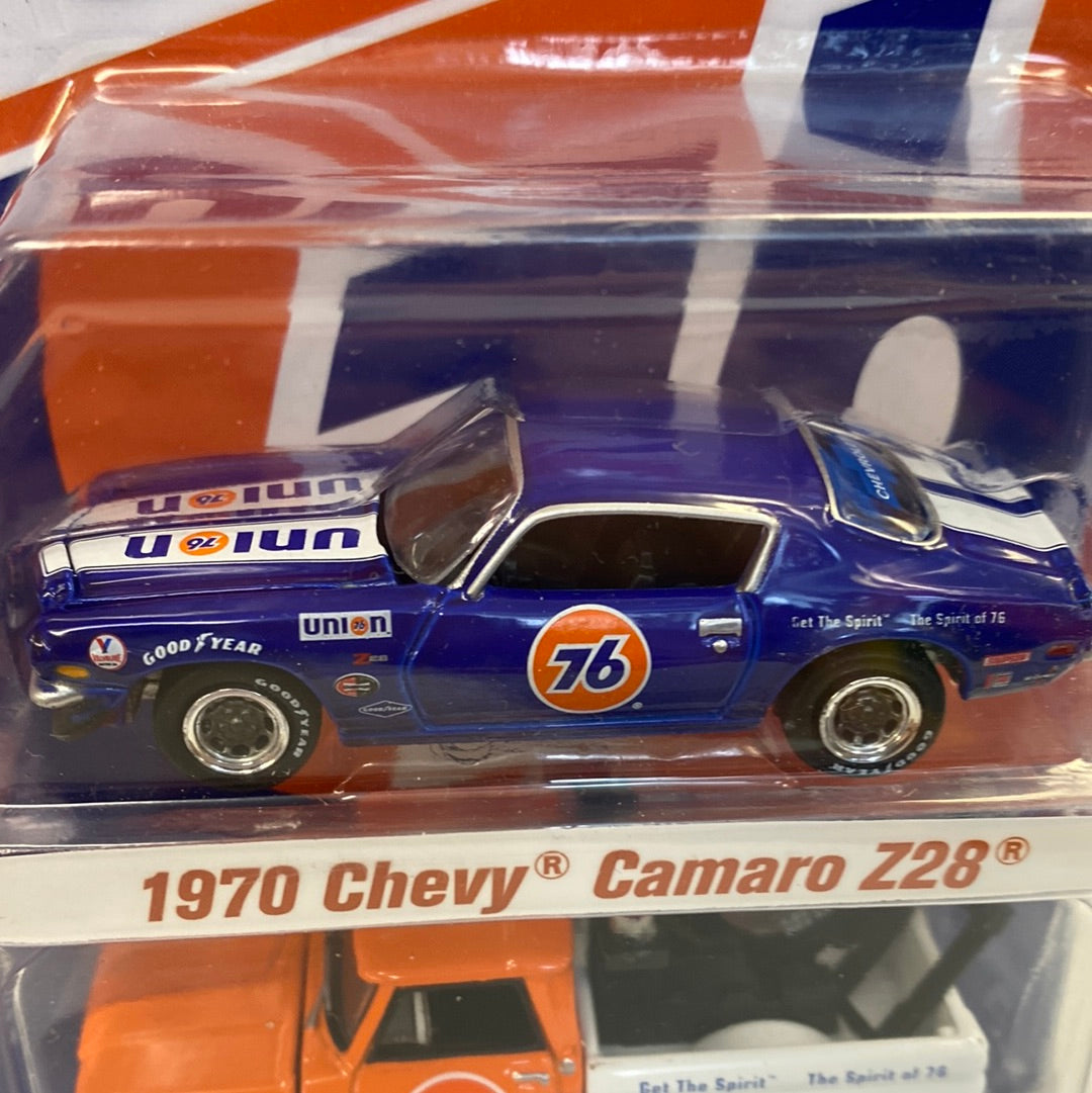 Blue 1970 Chevy Camaro Z28 die-cast car in clear plastic packaging for Johnny Lightning JLPK008-2
