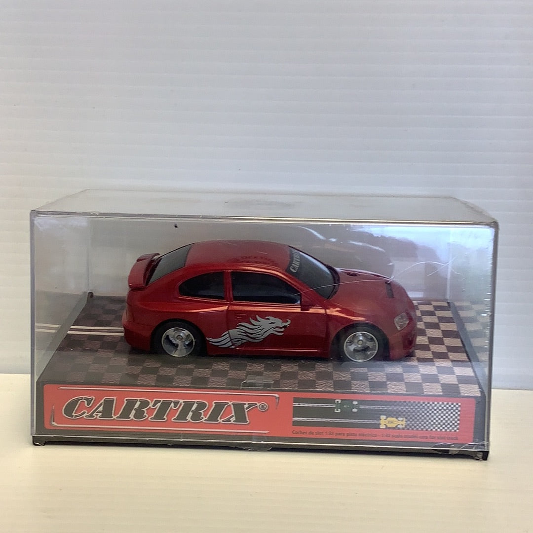 Red slot car in clear display case with "CARTRIX" branding for 0312E