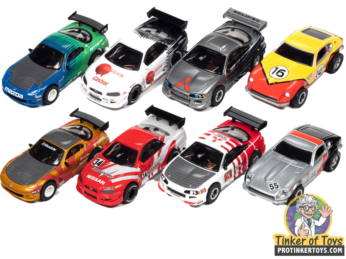 Assortment of slot car race cars in various colors and models for Auto World A SC378