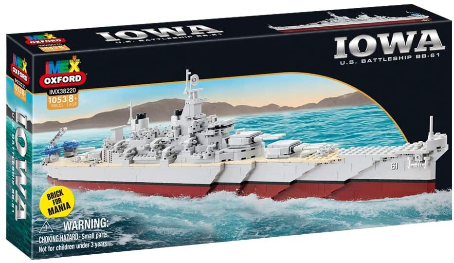 Toy set box showing a model of the Iowa U.S. Battleship BB-61 for Oxford OXF38220