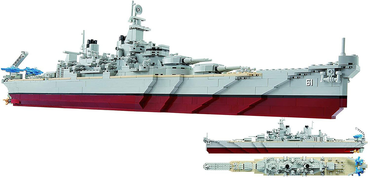 Model of the Iowa Battleship BB-61, showing assembled and disassembled views for Oxford OXF38220