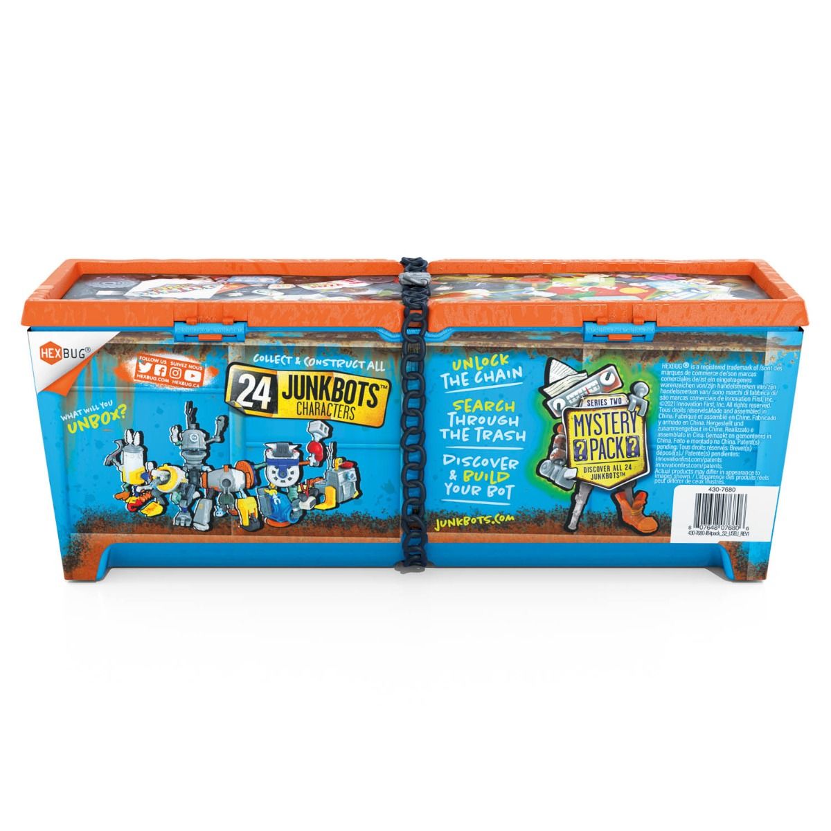 Toy storage bin for collecting and building 24 JunkBots characters for HexBug 430-7680