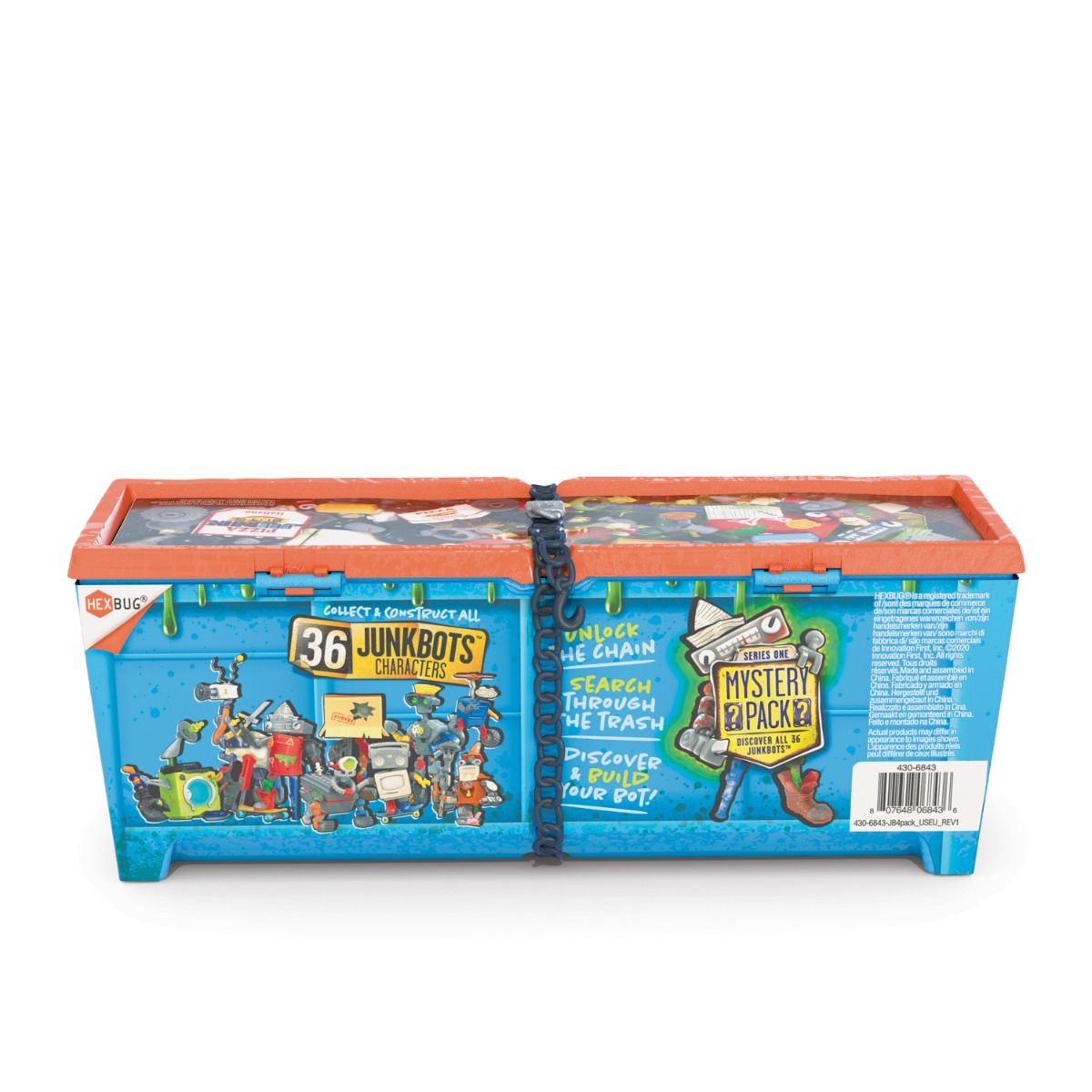 Assortment of JunkBots building toys in a blue dumpster crate for HexBug 430-6843