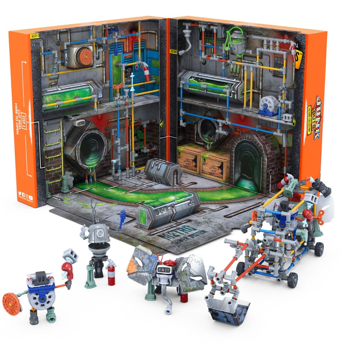 JunkBots in a detailed, multi-level factory sewer habitat playset for HexBug 430-7799, front view