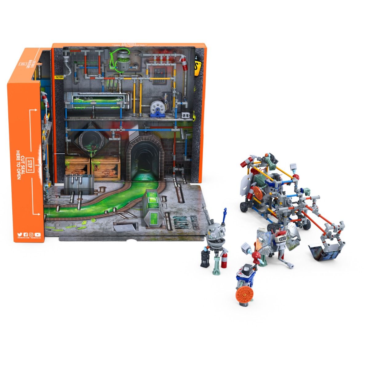 Factory habitat playset with sewer system and small robot figures for HexBug 430-7799