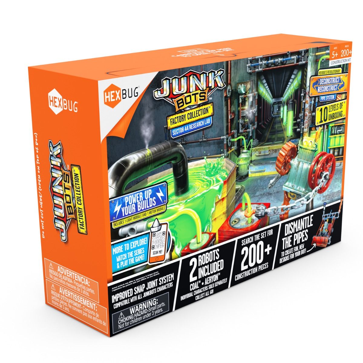 Toy building set box featuring robots and construction pieces for imaginative play for HexBug 430-7131