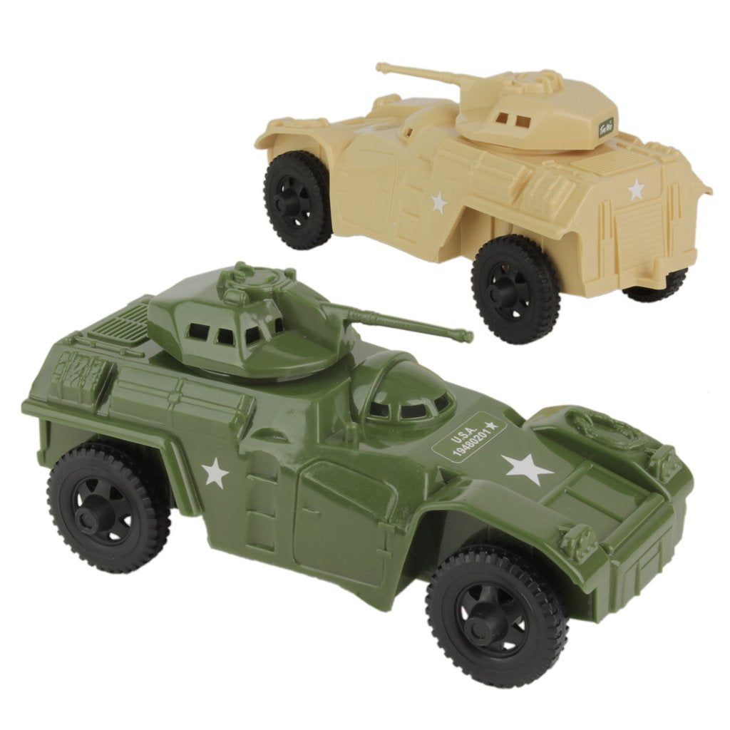 Two toy armored cars, one olive green and one tan, displayed together for Tim Mee 07193