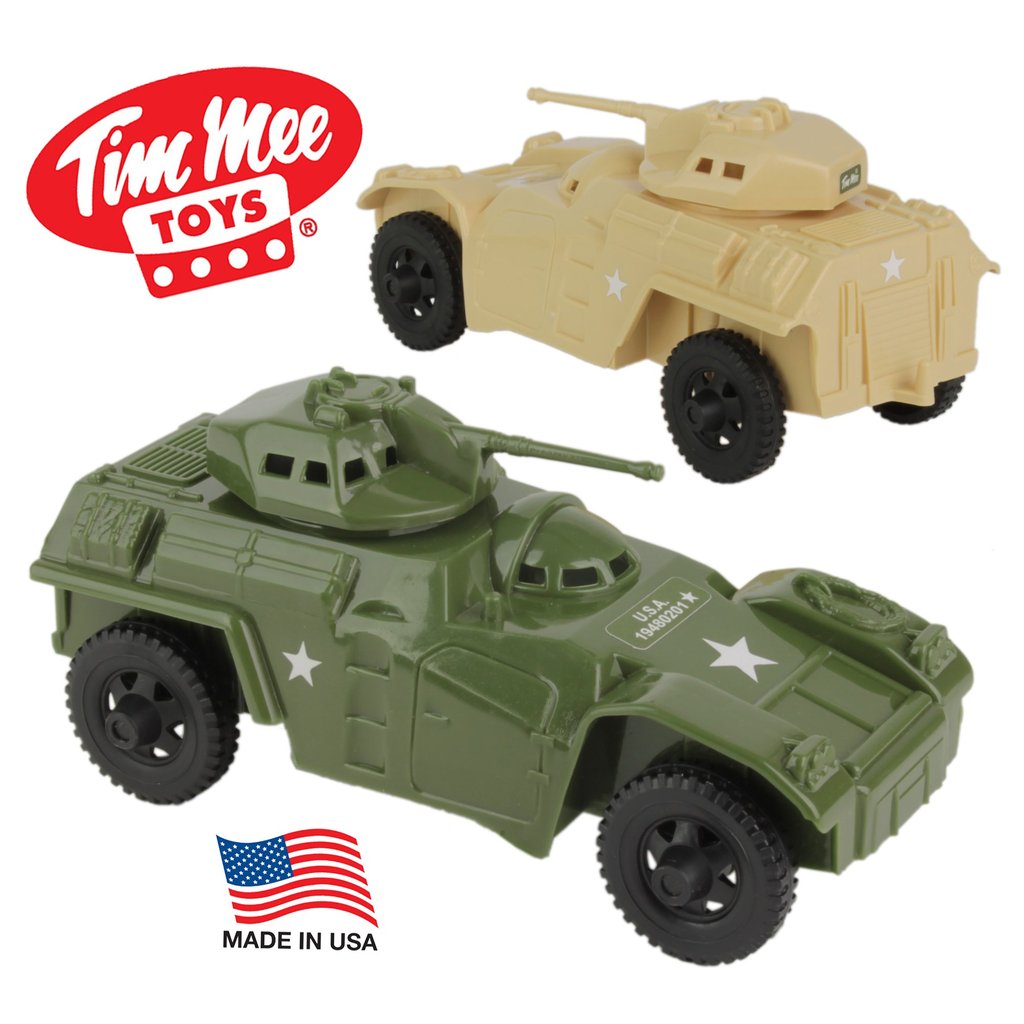 Two toy armored cars, one olive green and one tan, for play for Tim Mee 07193
