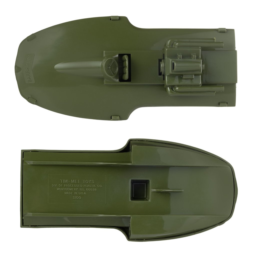 Olive green toy raft and boat set, showing both pieces from different angles for Tim Mee 03100