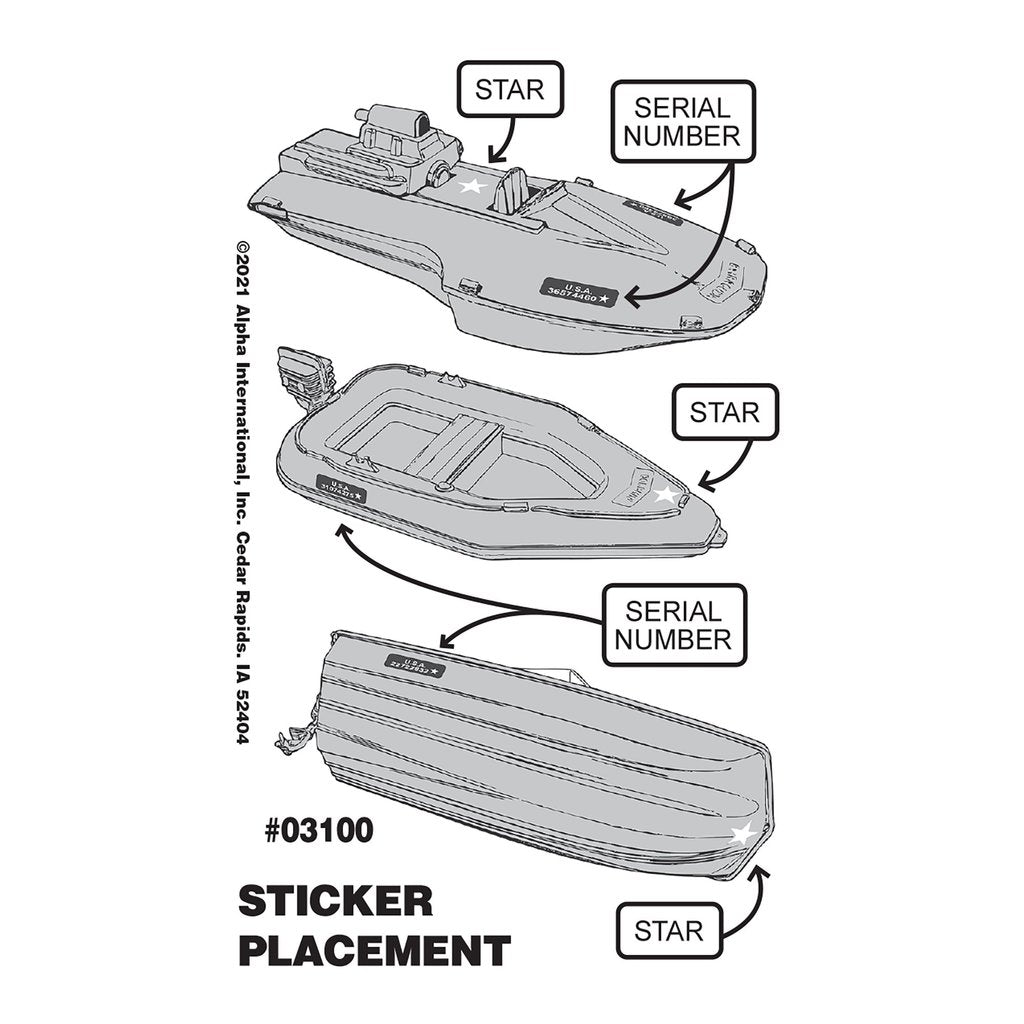 Sticker placement guide showing where to apply decals on three different boat models for Tim Mee 03100