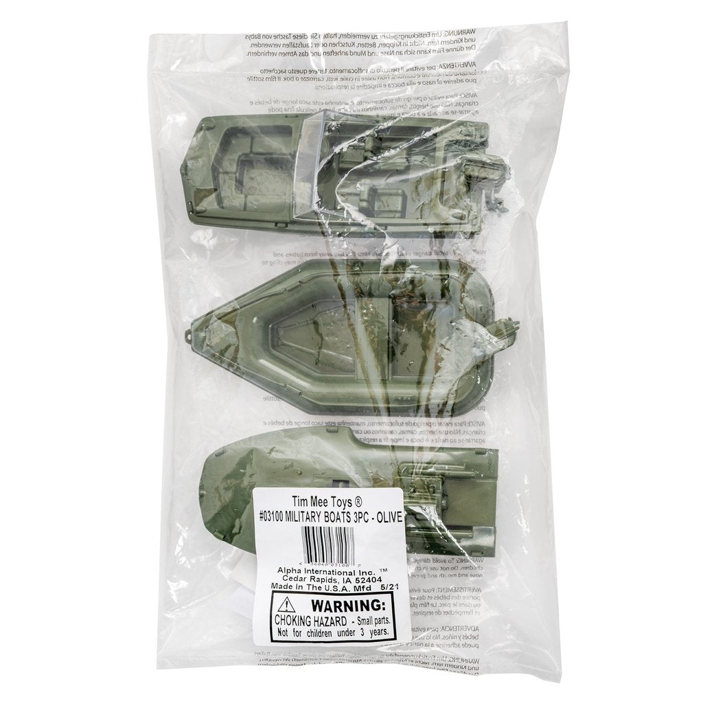Three olive green military boats for model display for Tim Mee 03100