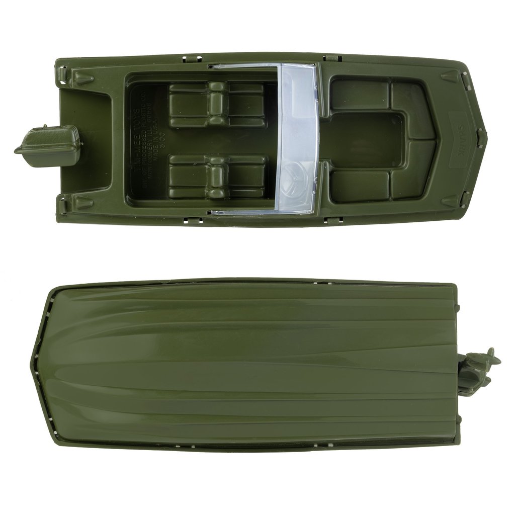 Open and closed view of an olive green inflatable boat or raft for Tim Mee 03100