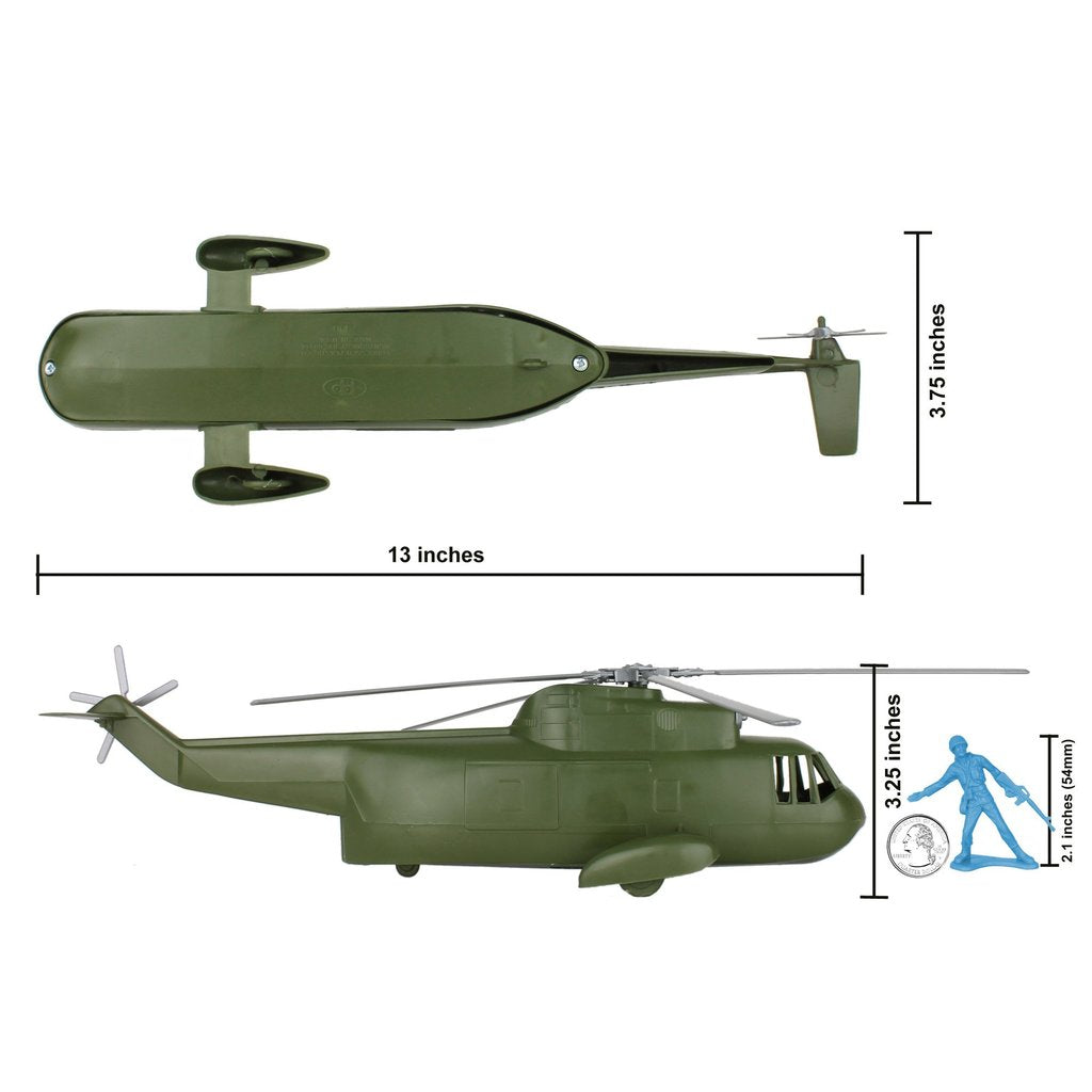 Two green toy vehicles: a boat and a rescue helicopter, with size dimensions for Tim Mee 07590